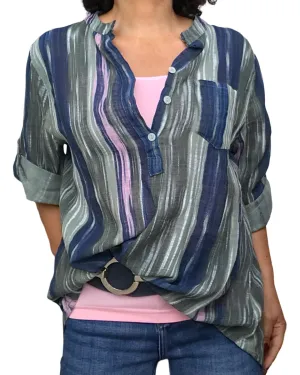 Blouse kaki à rayures bleu marin, rose et blanc