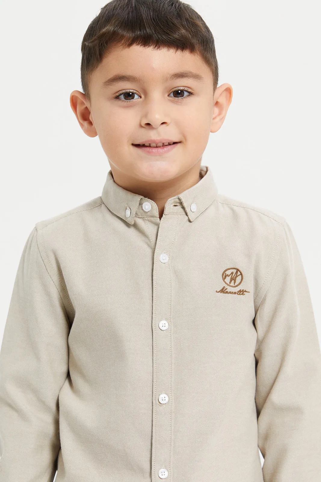 Boys Beige Long Sleeve Oxford Shirt With Embroidery