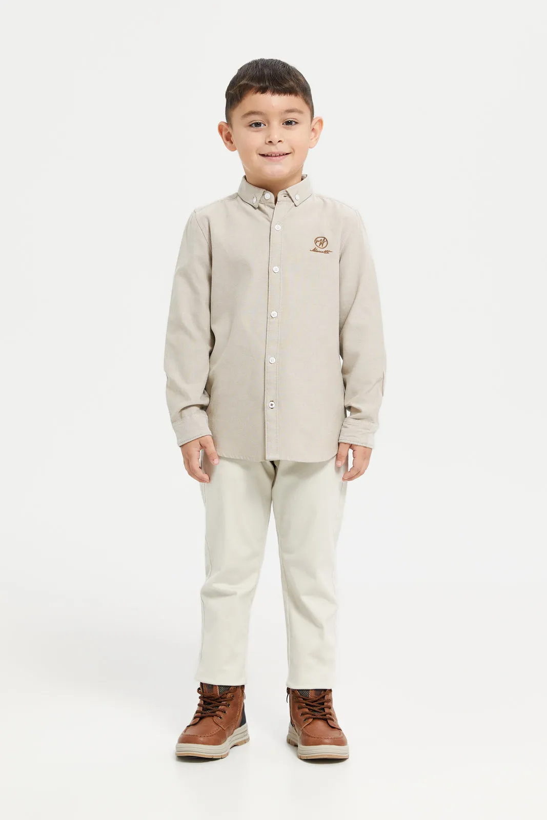Boys Beige Long Sleeve Oxford Shirt With Embroidery
