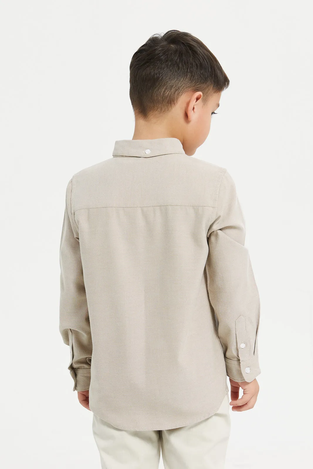Boys Beige Long Sleeve Oxford Shirt With Embroidery