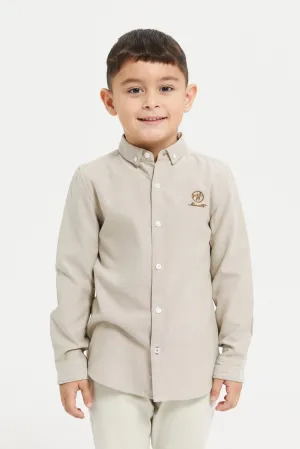 Boys Beige Long Sleeve Oxford Shirt With Embroidery