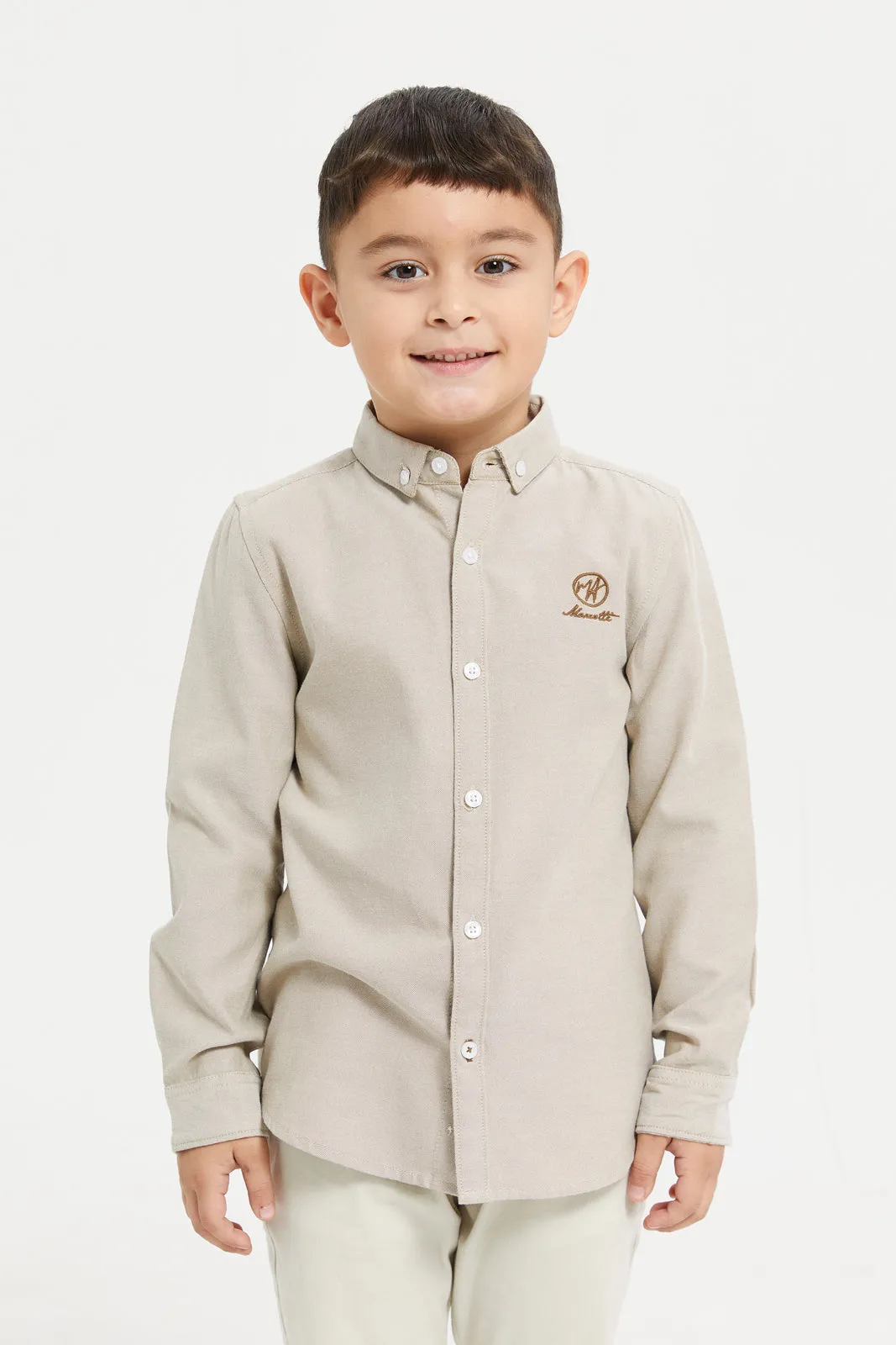 Boys Beige Long Sleeve Oxford Shirt With Embroidery