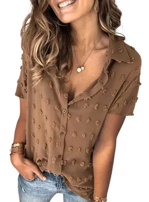 Brown Half Sleeve Women Pompom Button Down Shirt Casual Blouse Top - Astylish
