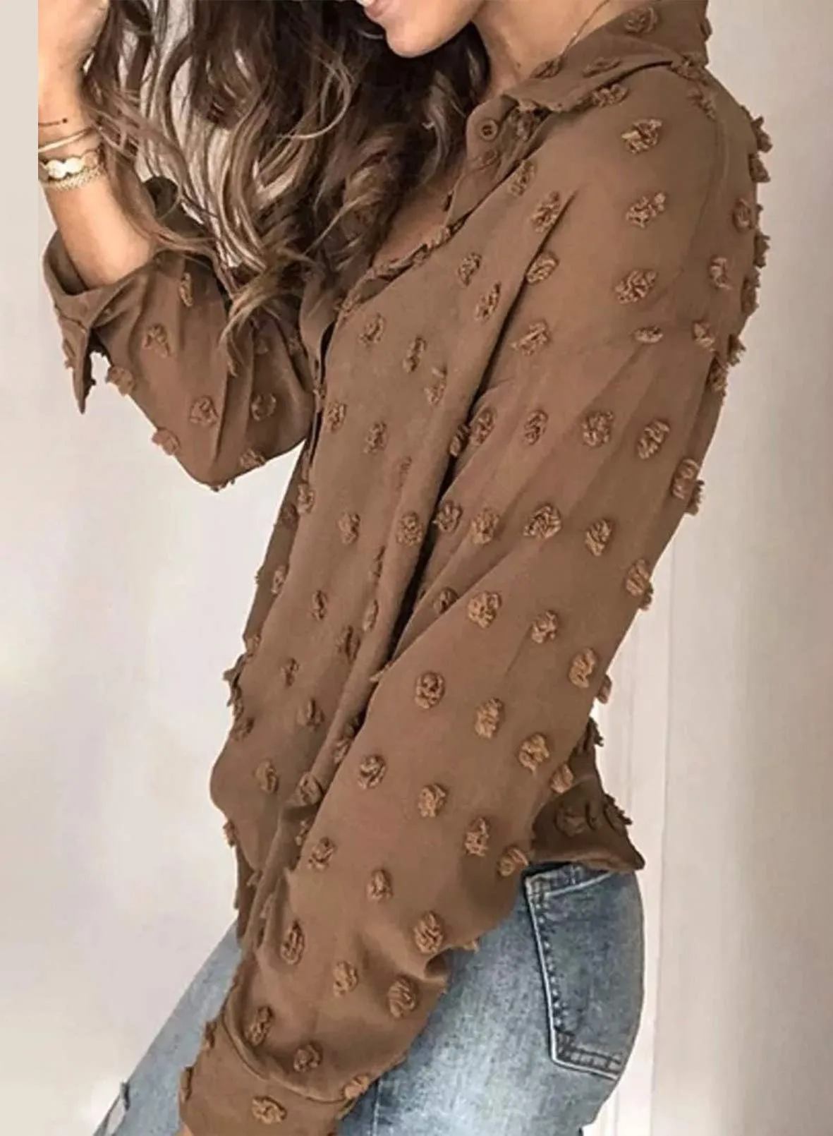 Brown Half Sleeve Women Pompom Button Down Shirt Casual Blouse Top - Astylish