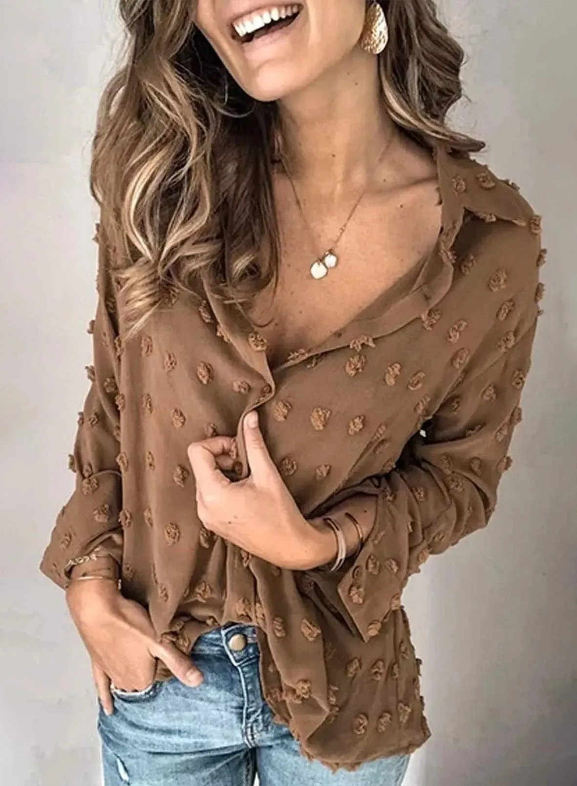 Brown Half Sleeve Women Pompom Button Down Shirt Casual Blouse Top - Astylish