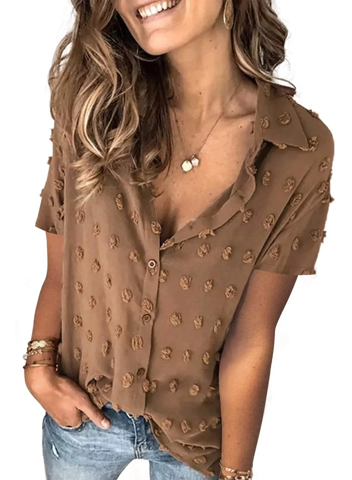 Brown Half Sleeve Women Pompom Button Down Shirt Casual Blouse Top - Astylish
