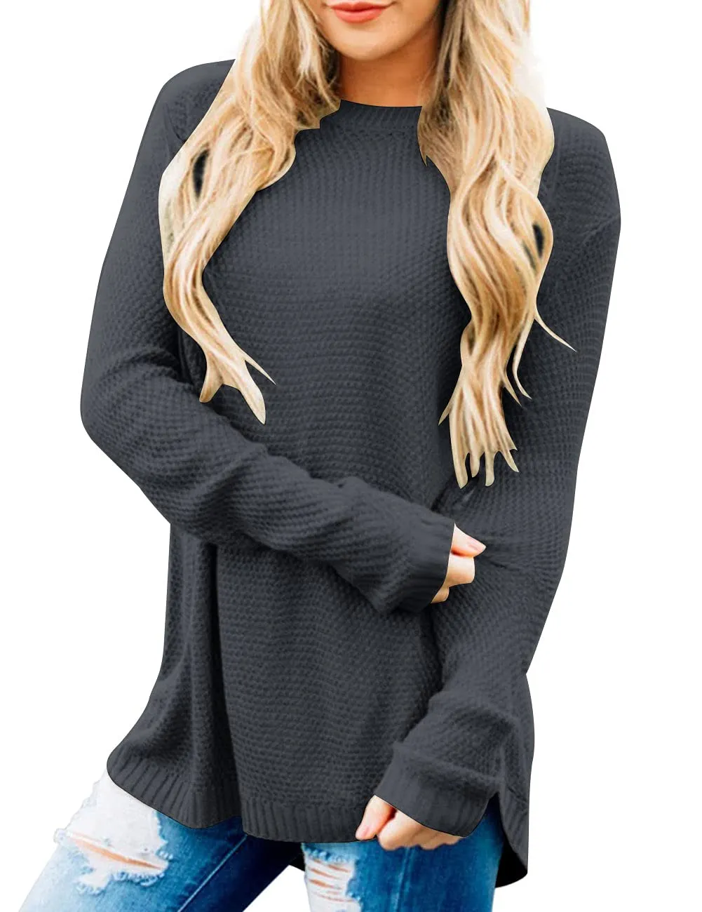 Burgundy Women's Long Sleeve Oversized Crew Neck Solid Color Knit Pullover Sweater Tops - MEROKEETY