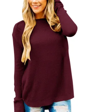 Burgundy Women's Long Sleeve Oversized Crew Neck Solid Color Knit Pullover Sweater Tops - MEROKEETY