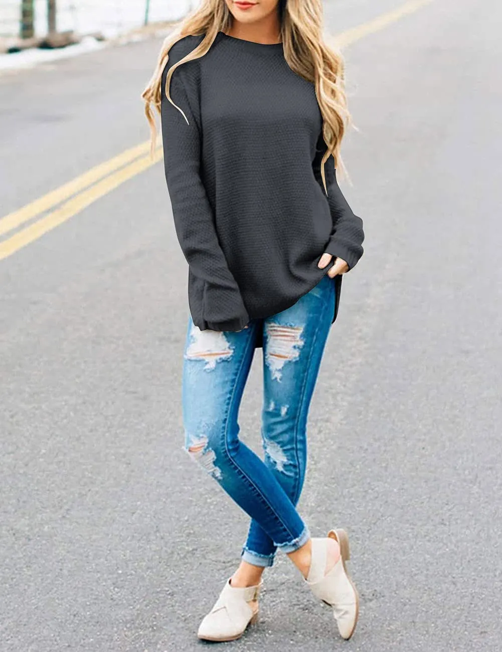 Burgundy Women's Long Sleeve Oversized Crew Neck Solid Color Knit Pullover Sweater Tops - MEROKEETY