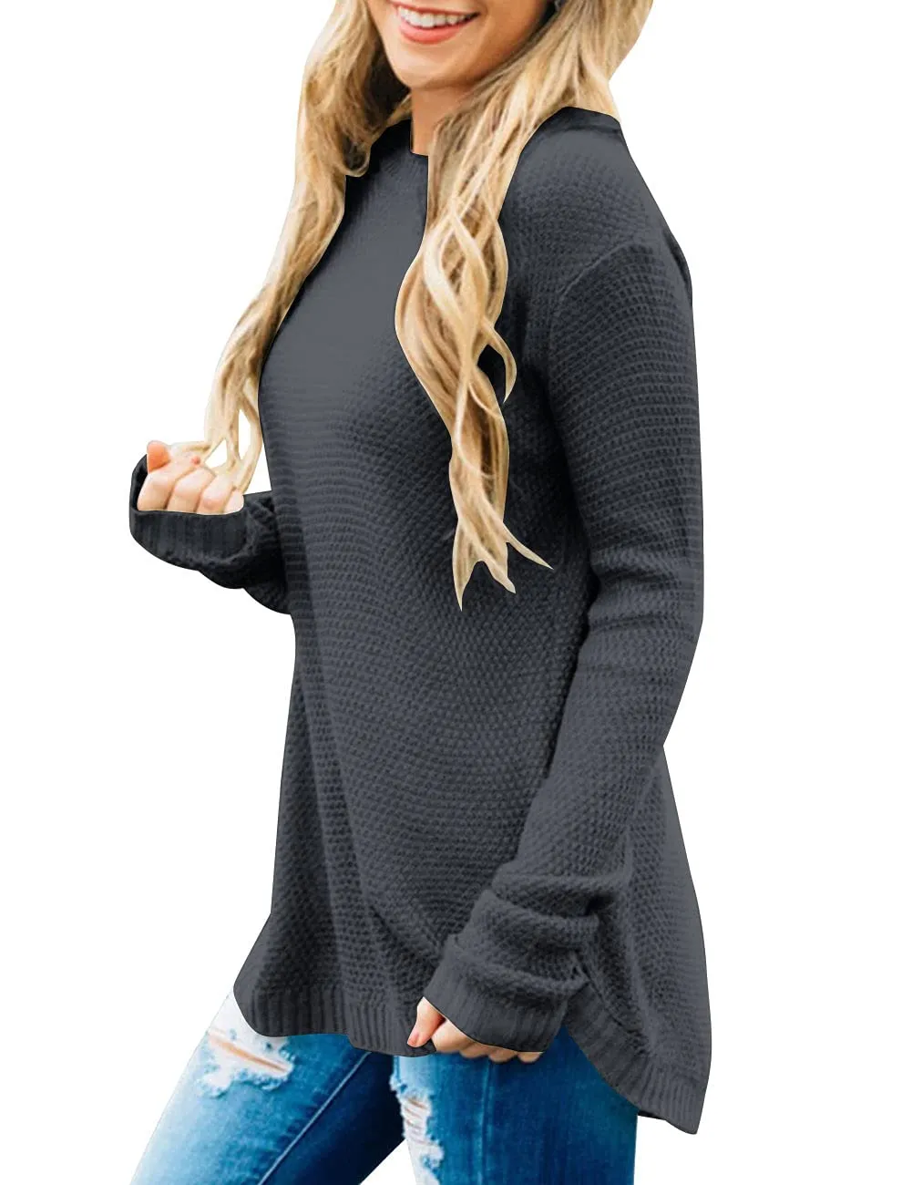 Burgundy Women's Long Sleeve Oversized Crew Neck Solid Color Knit Pullover Sweater Tops - MEROKEETY
