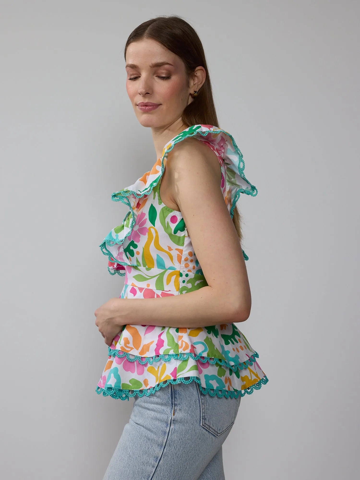 Cap Sleeve V-Neck Trim Floral Peplum Top