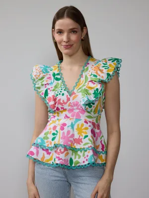 Cap Sleeve V-Neck Trim Floral Peplum Top