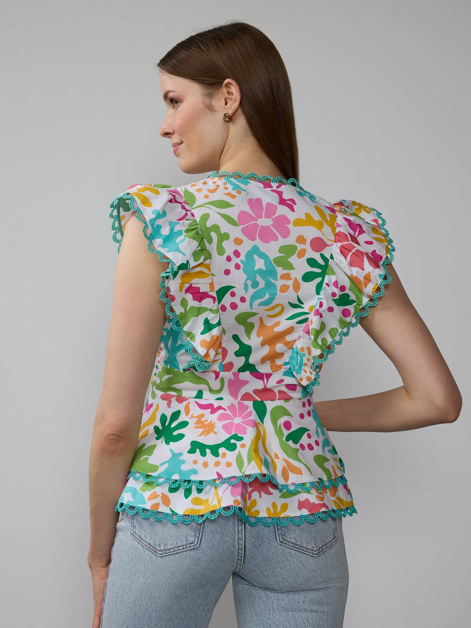 Cap Sleeve V-Neck Trim Floral Peplum Top