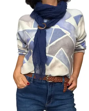 Chandail tricot col rond print géométrique bleu, crème et brun