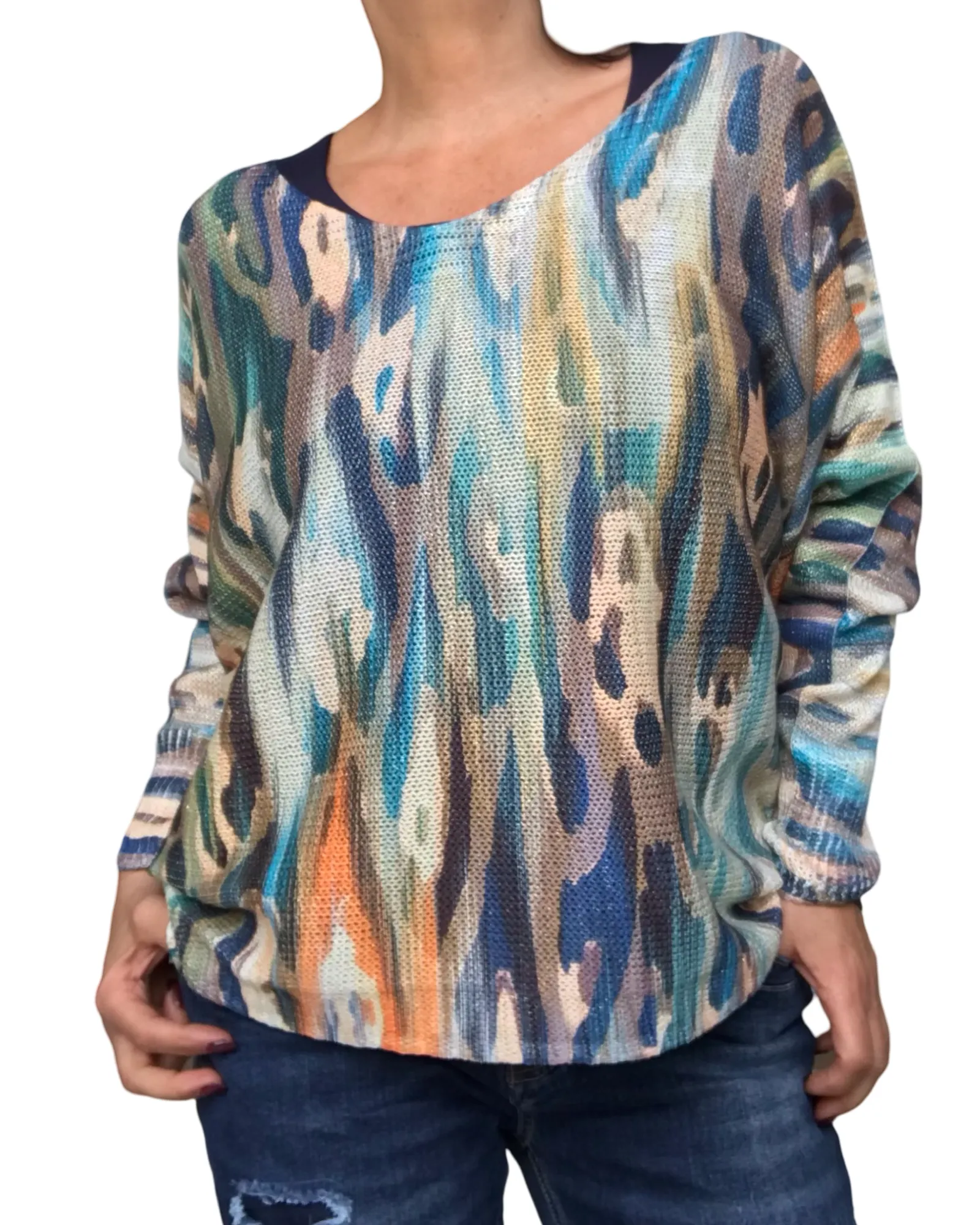 Chandail tricot motif abstrait multicolore col en V  avec brillance