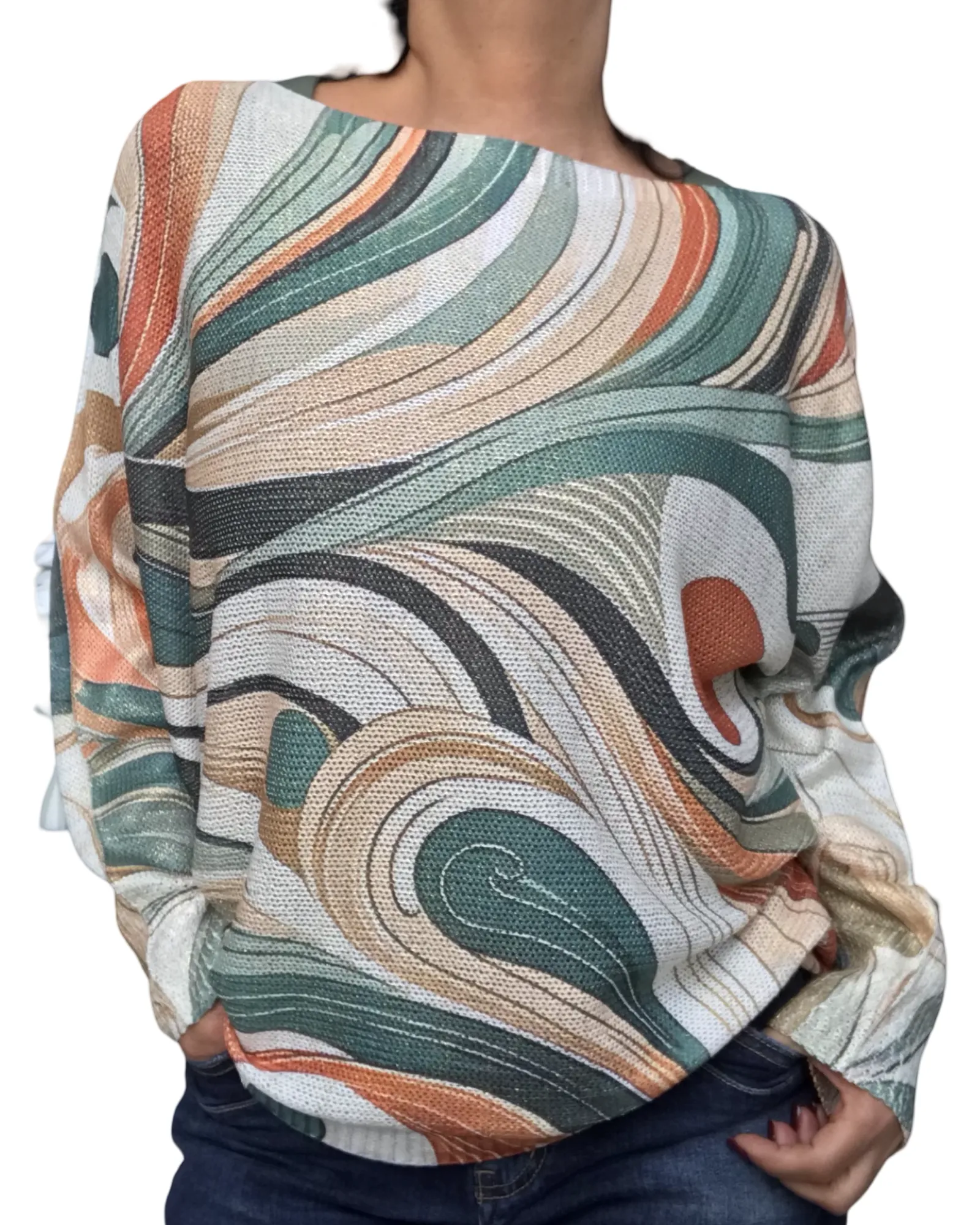 Chandail tricot motif abstrait vert et orange brulé avec brillance
