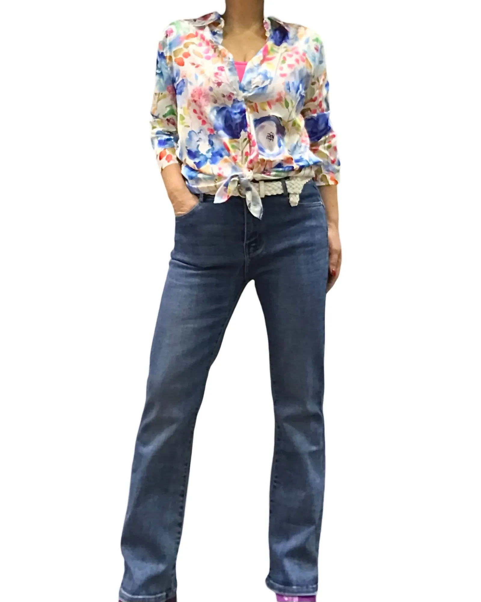 Chemise en satin fleurie bleu