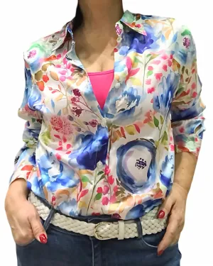 Chemise en satin fleurie bleu