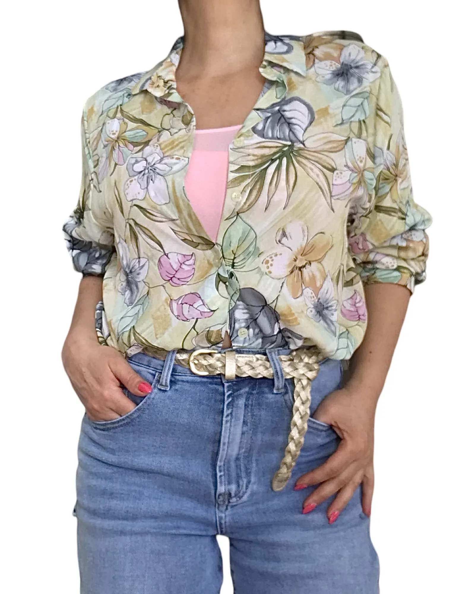 Chemise fleurie jaune, manche longue
