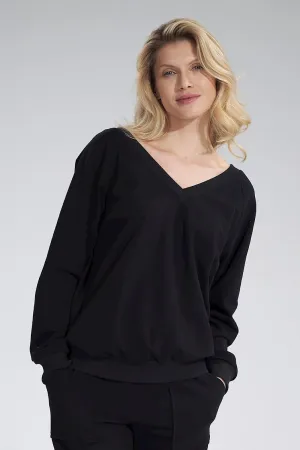 Chic Ribbed V-Neck Cotton Blouse with Long Sleeves