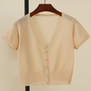 Chic V-Neck Cropped Cardigan for Women - Lightweight Summer Blouse, Perfect for Office & Casual Looks, Versatile Knit Outerwear in Classic Black