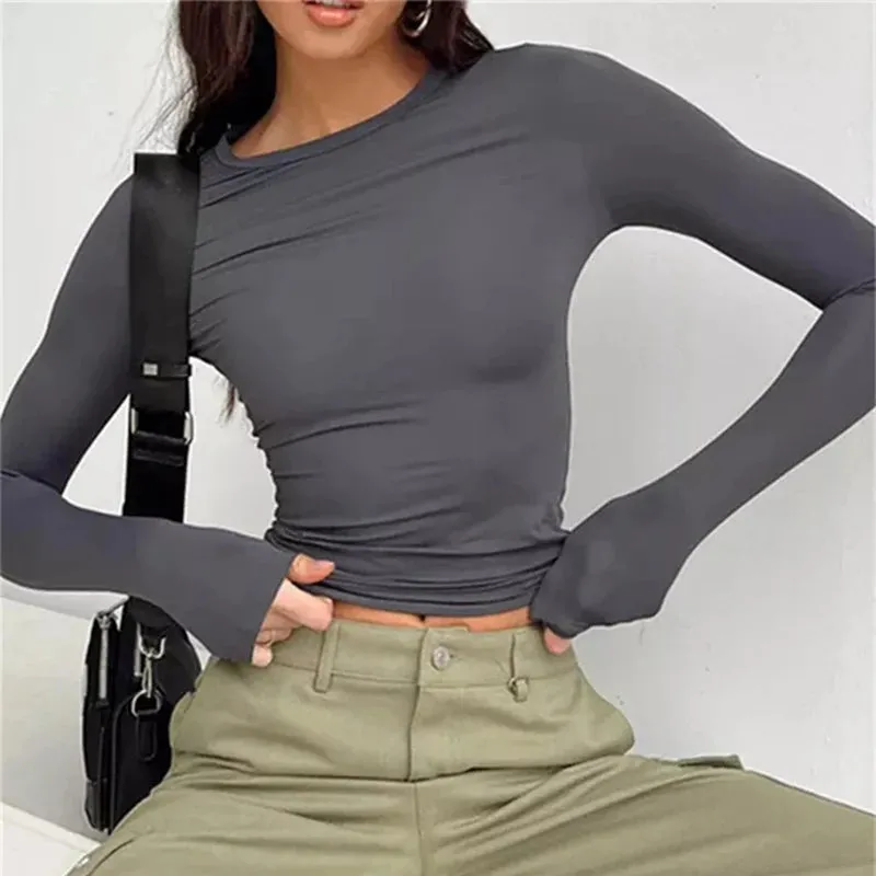 Chic Y2K Long Sleeve Crop Top for Women – Slim Fit Casual Solid Tee for Effortless Street Style in All Seasons