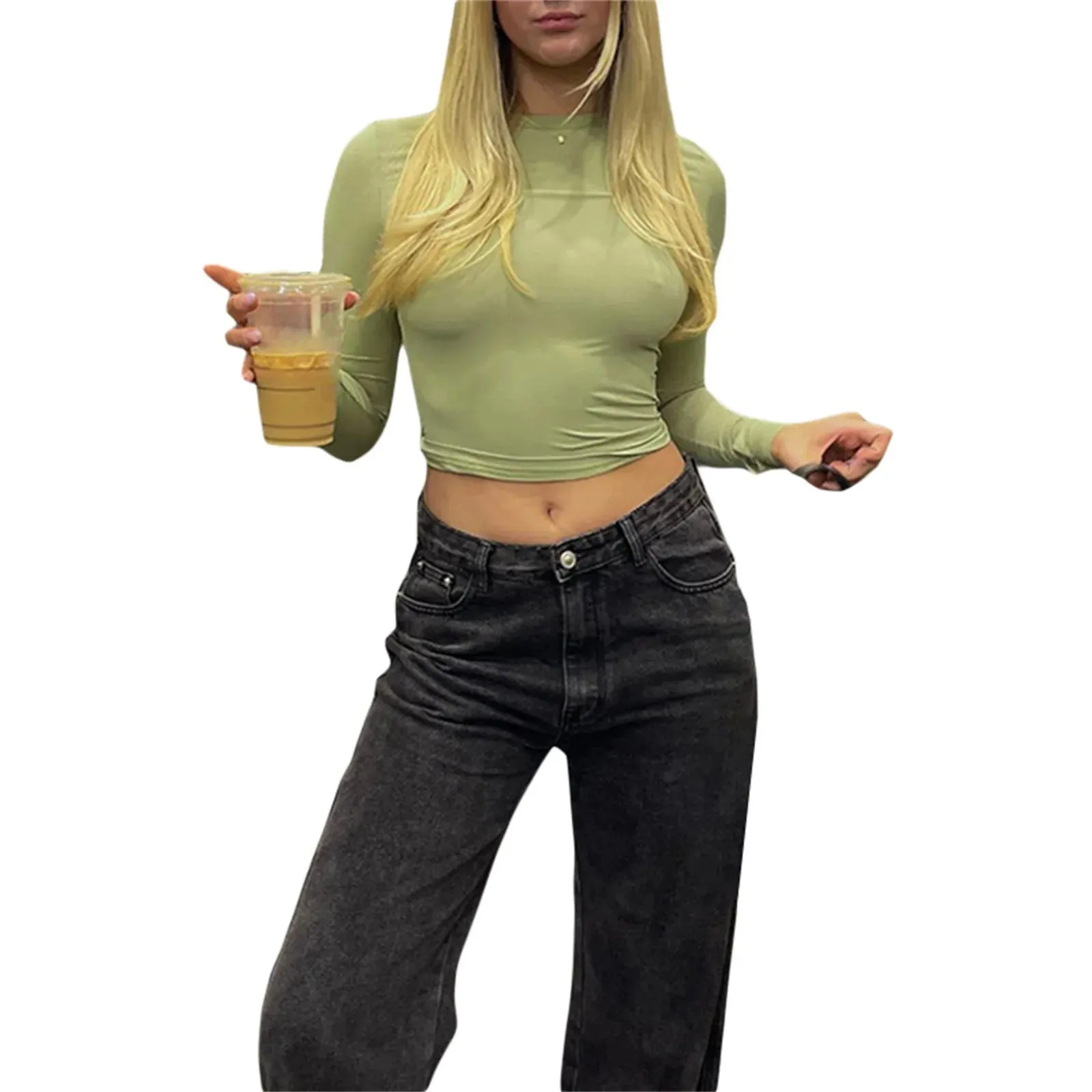 Chic Y2K Long Sleeve Crop Top for Women – Slim Fit Casual Solid Tee for Effortless Street Style in All Seasons