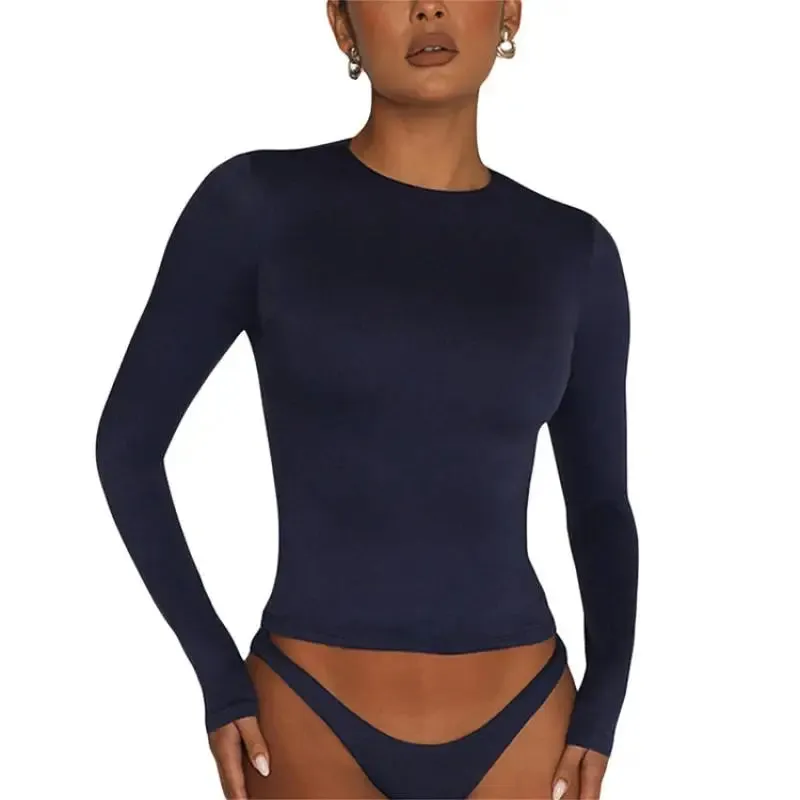 Chic Y2K Long Sleeve Crop Top for Women – Slim Fit Casual Solid Tee for Effortless Street Style in All Seasons