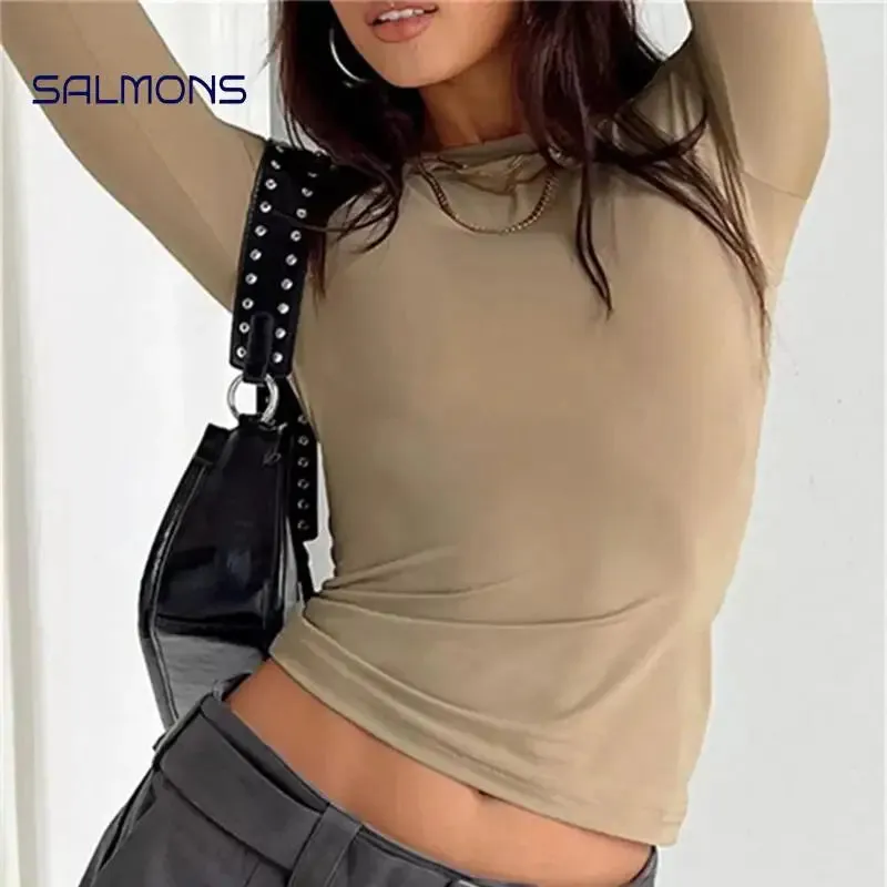 Chic Y2K Long Sleeve Crop Top for Women – Slim Fit Casual Solid Tee for Effortless Street Style in All Seasons