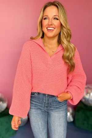 Coral Split Neck Collared Long Sleeve Sweater *FINAL SALE*