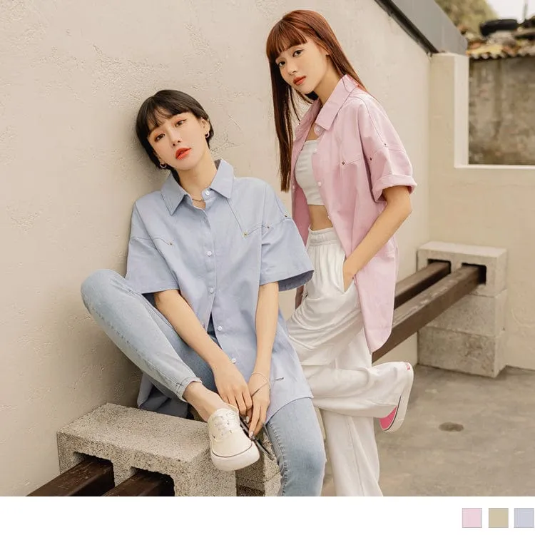 COTTON PLAIN SHORT SLEEVE LONGLINE SHIRTS