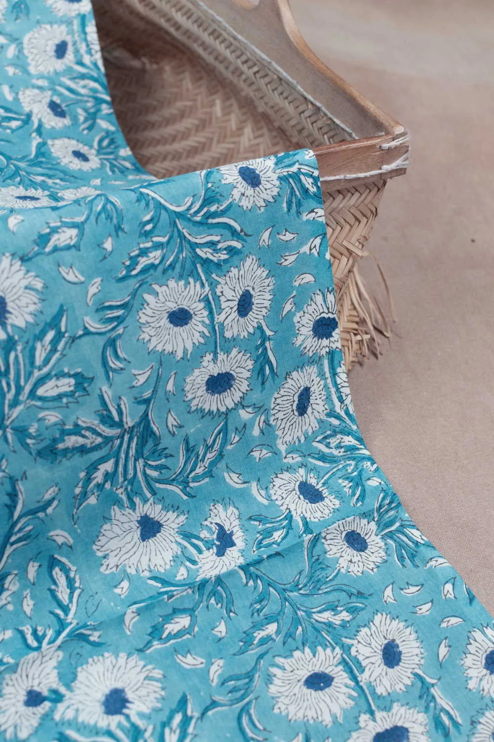 Cream Floral on Blue Sanganeri Block Printed Cotton Fabric