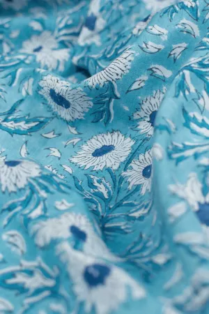 Cream Floral on Blue Sanganeri Block Printed Cotton Fabric