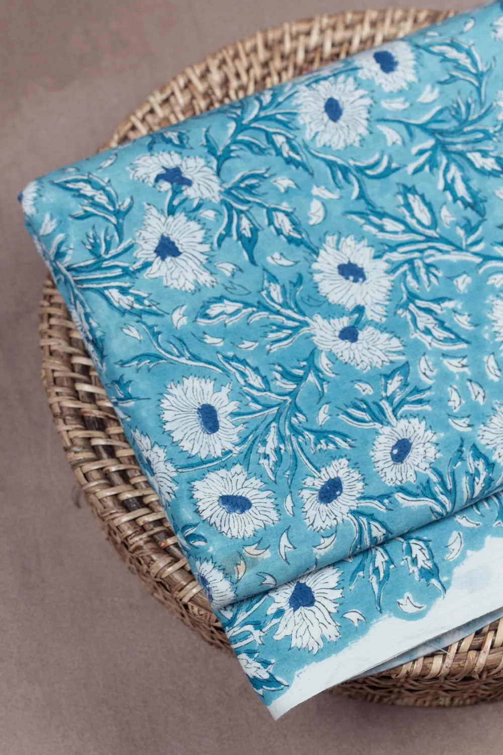 Cream Floral on Blue Sanganeri Block Printed Cotton Fabric