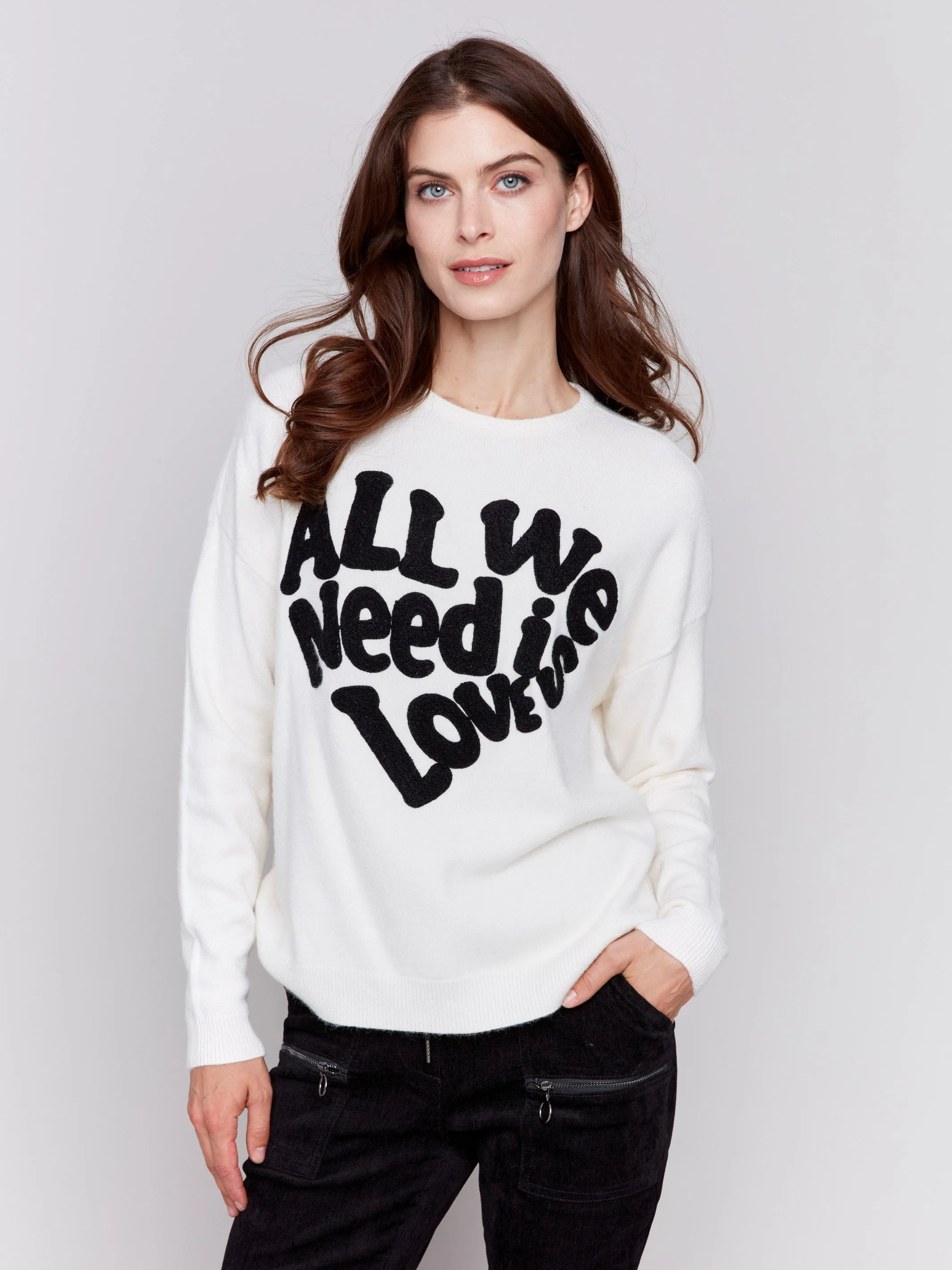 Crew Neck Sweater With Love Embroidery - Ecru
