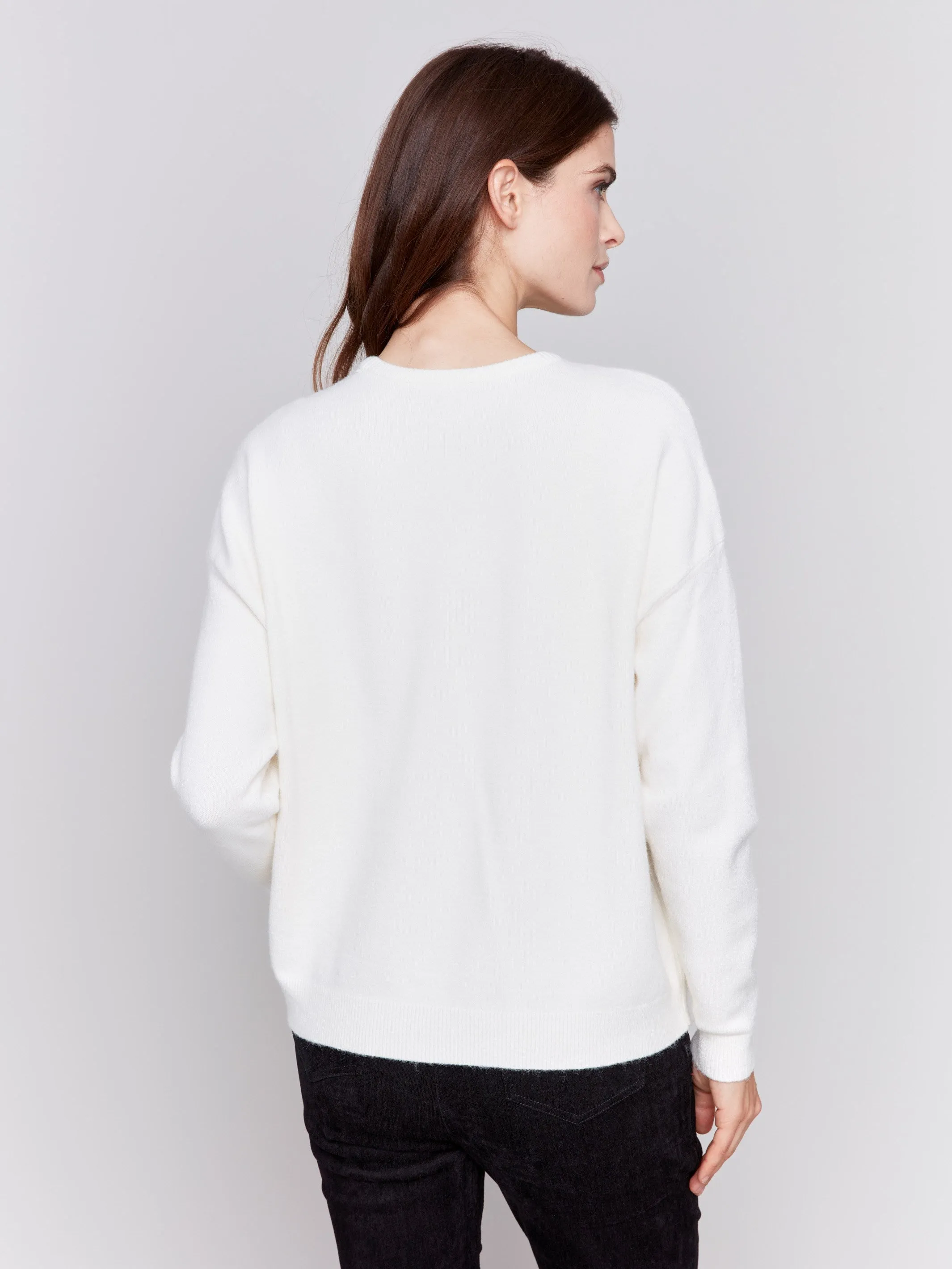 Crew Neck Sweater With Love Embroidery - Ecru