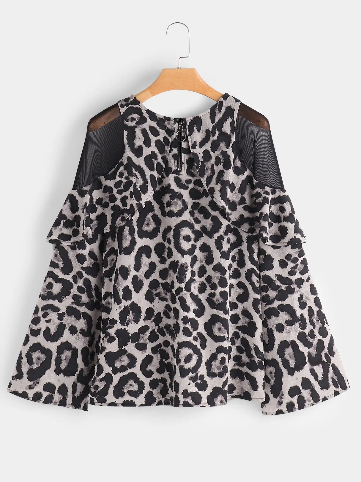 Custom Cold Shoulder Leopard Lace Zip Back Long Sleeve Blouses