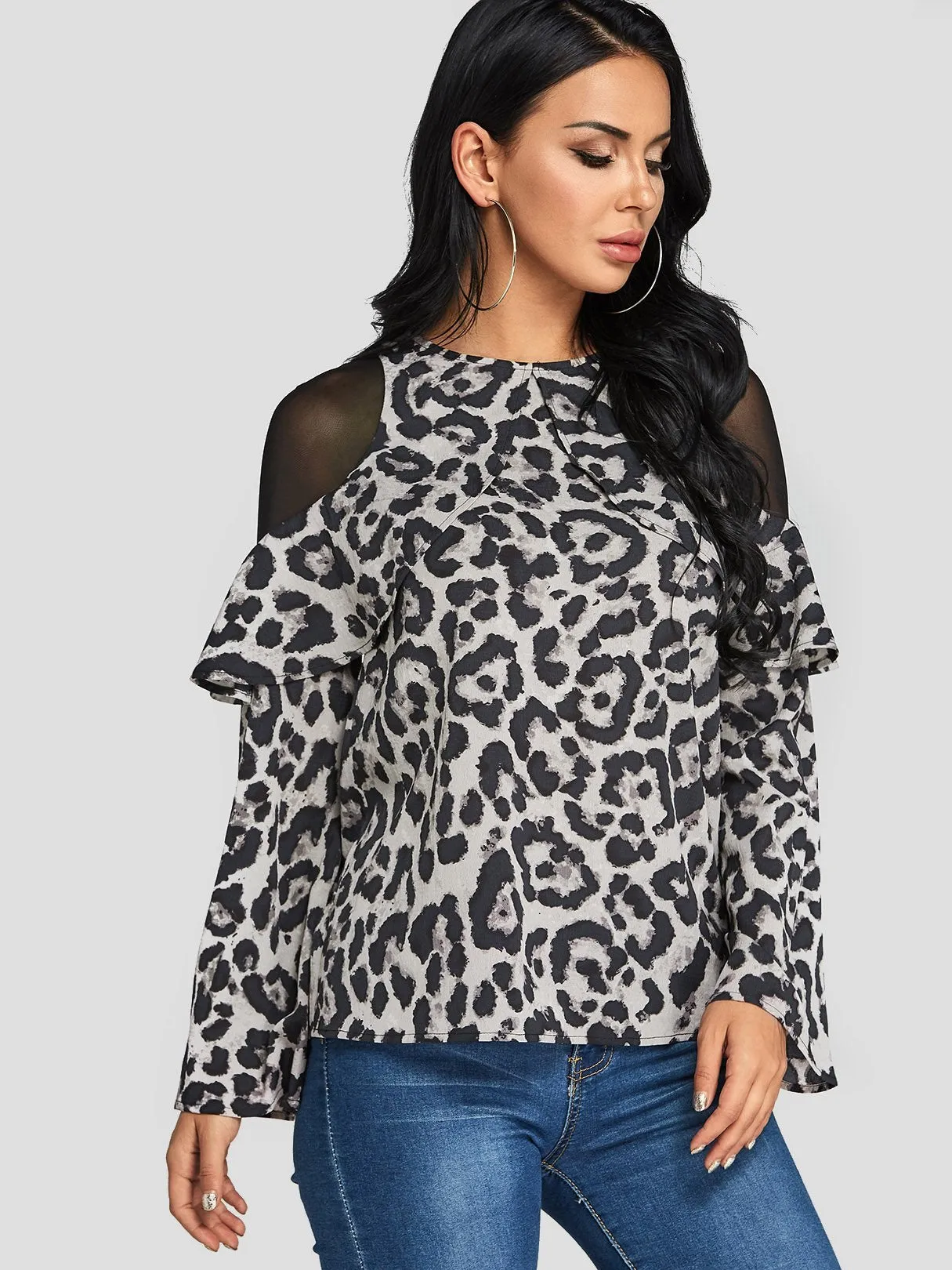 Custom Cold Shoulder Leopard Lace Zip Back Long Sleeve Blouses