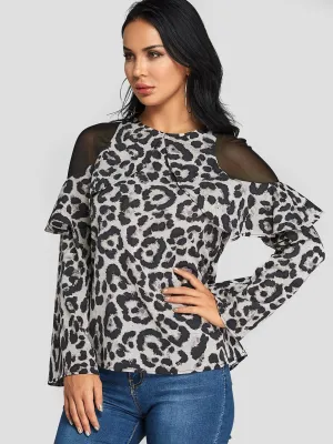 Custom Cold Shoulder Leopard Lace Zip Back Long Sleeve Blouses