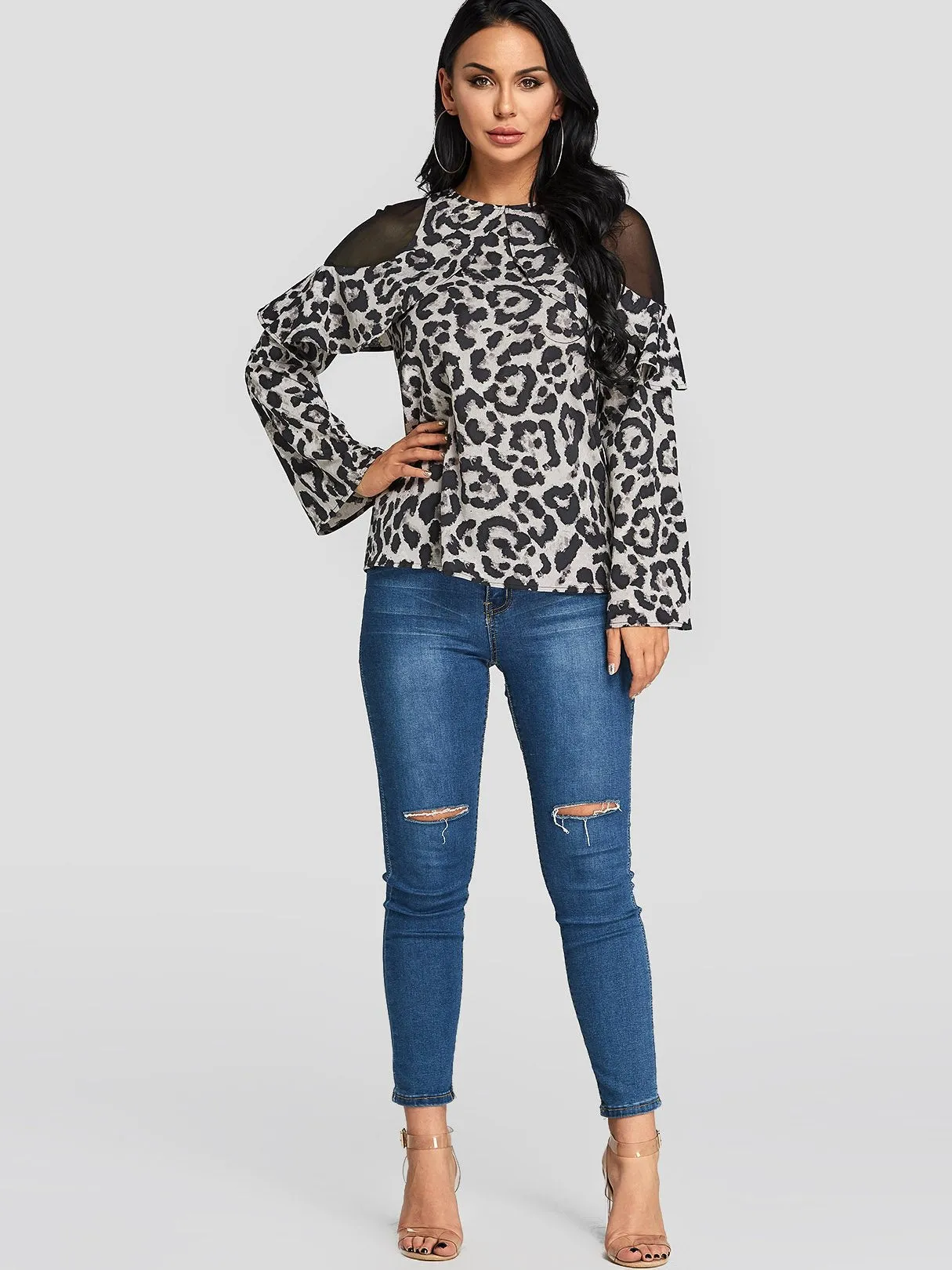 Custom Cold Shoulder Leopard Lace Zip Back Long Sleeve Blouses