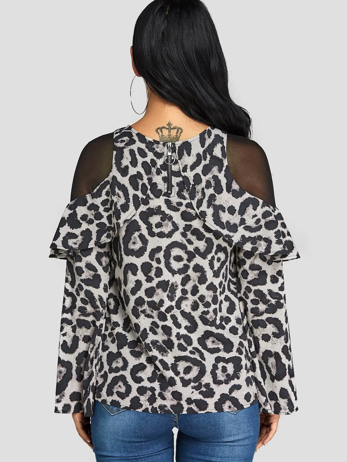 Custom Cold Shoulder Leopard Lace Zip Back Long Sleeve Blouses
