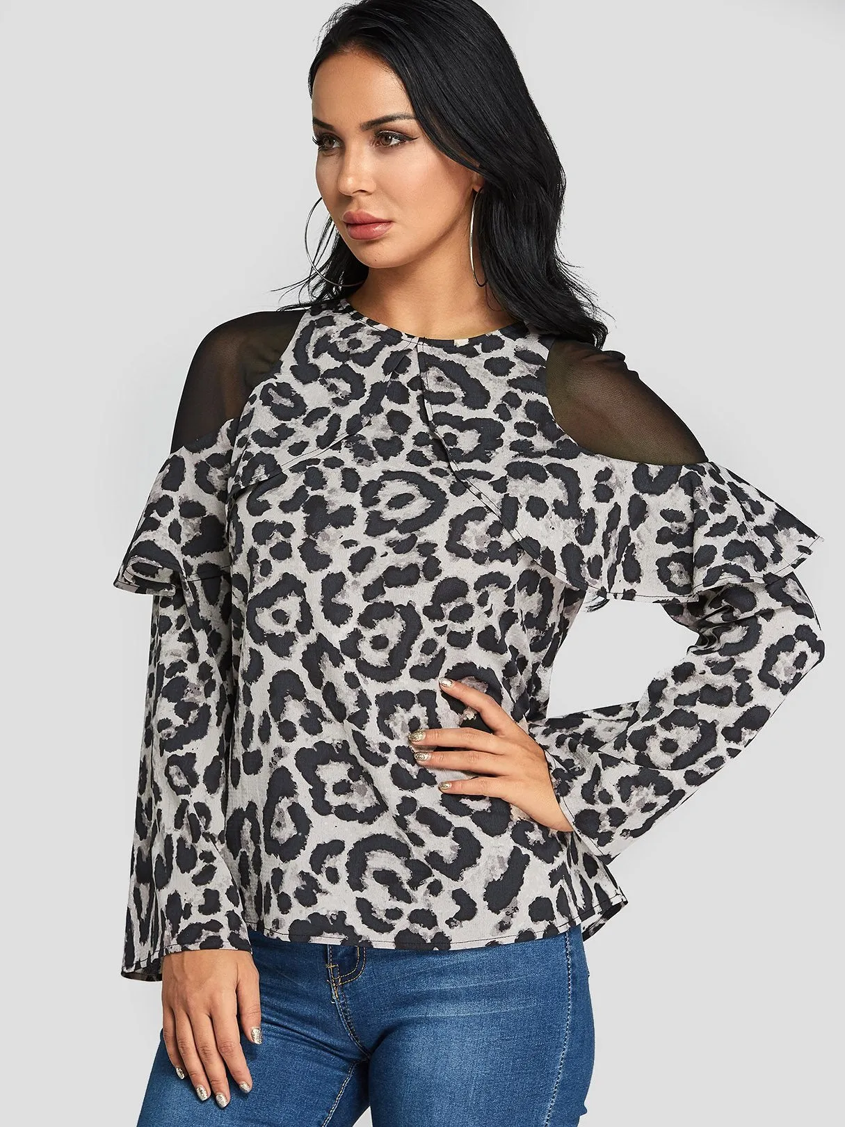 Custom Cold Shoulder Leopard Lace Zip Back Long Sleeve Blouses