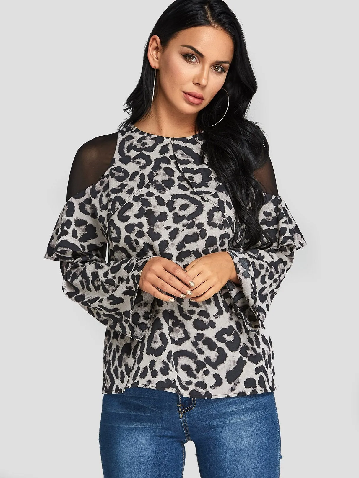 Custom Cold Shoulder Leopard Lace Zip Back Long Sleeve Blouses