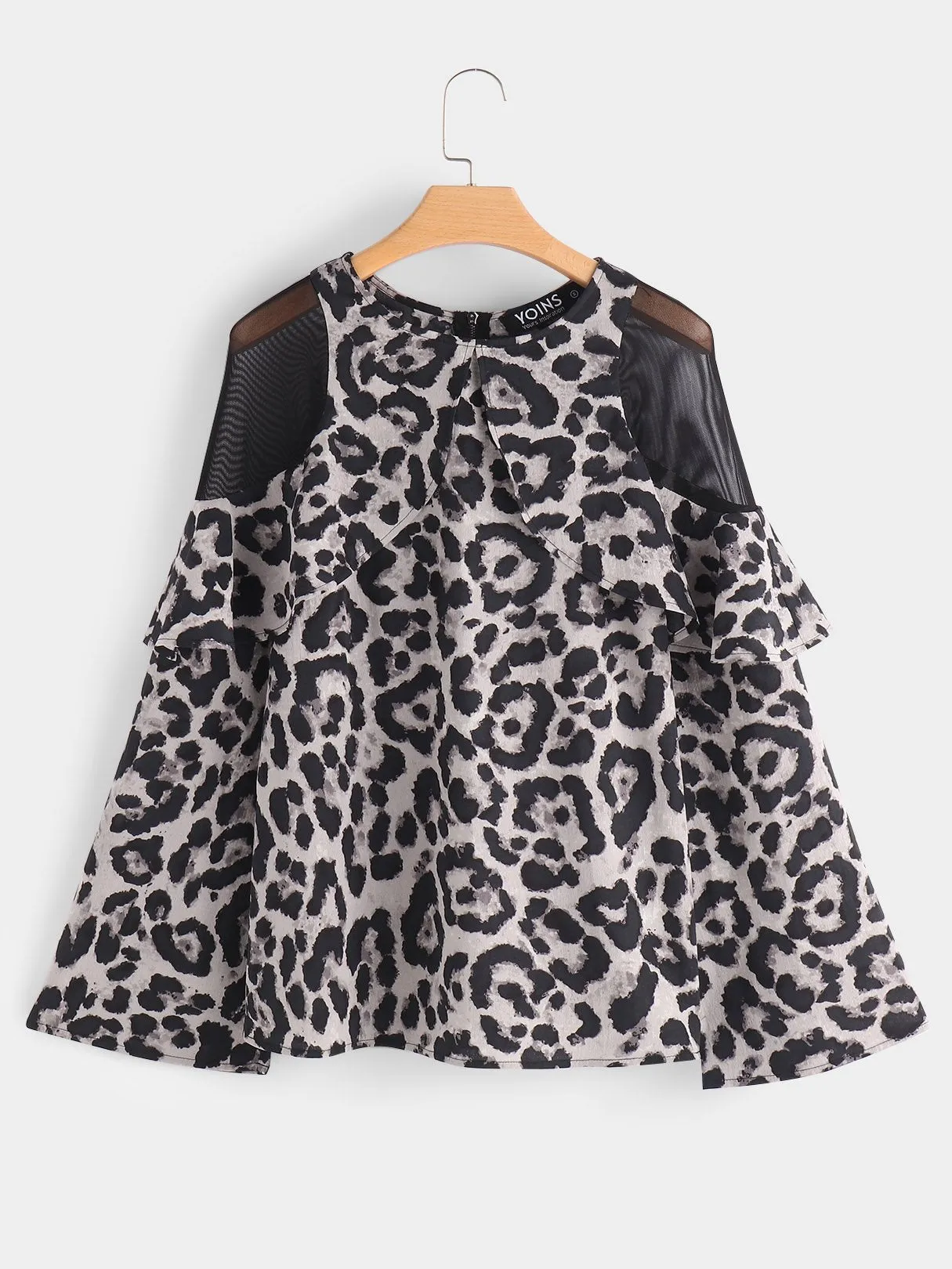 Custom Cold Shoulder Leopard Lace Zip Back Long Sleeve Blouses