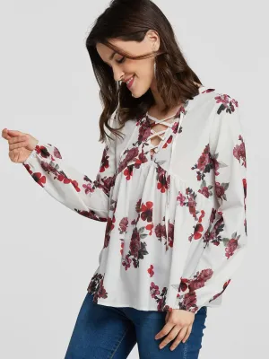 Custom Crossed Collar Floral Print Self-Tie Long Sleeve White Blouses