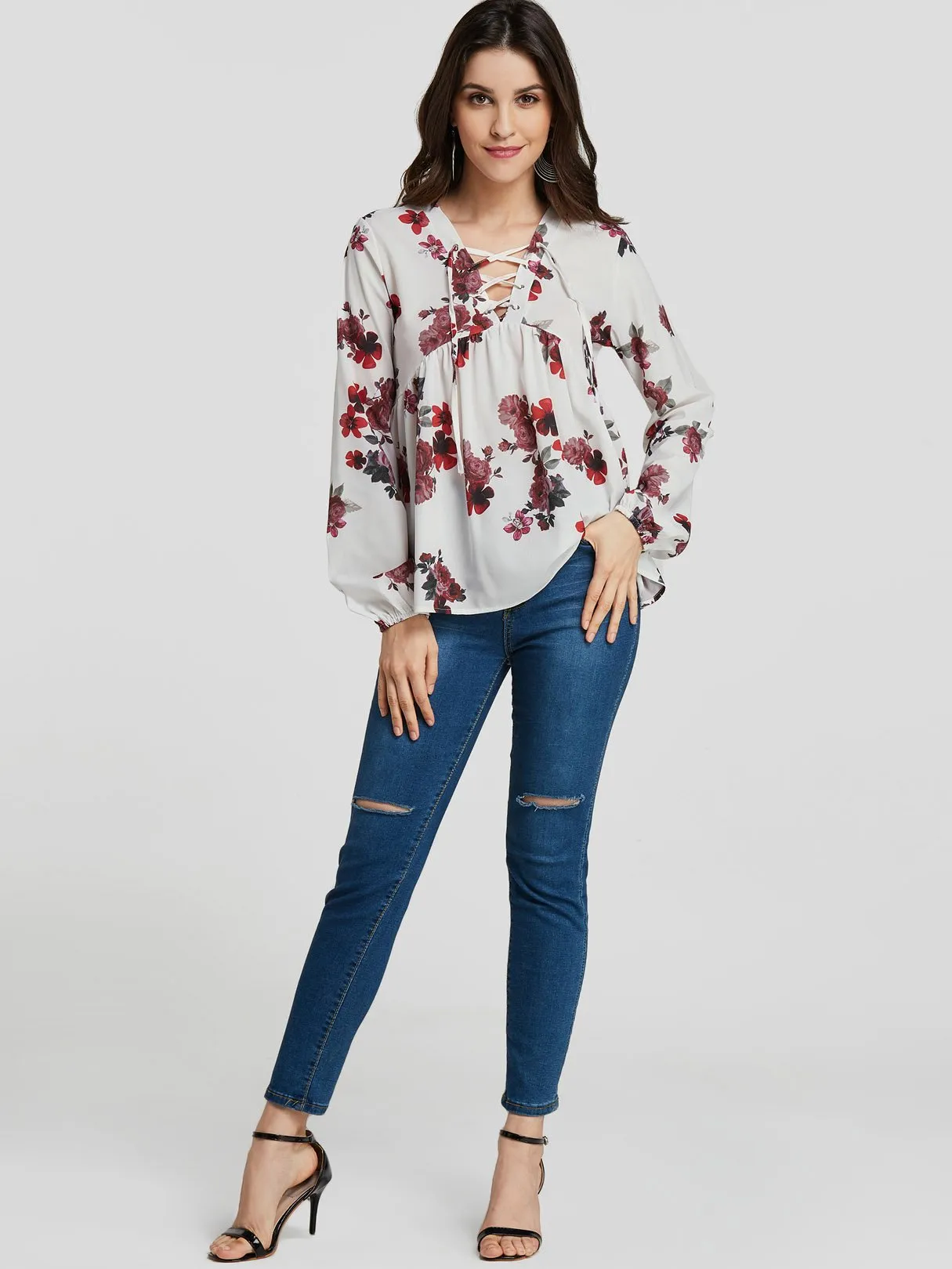 Custom Crossed Collar Floral Print Self-Tie Long Sleeve White Blouses
