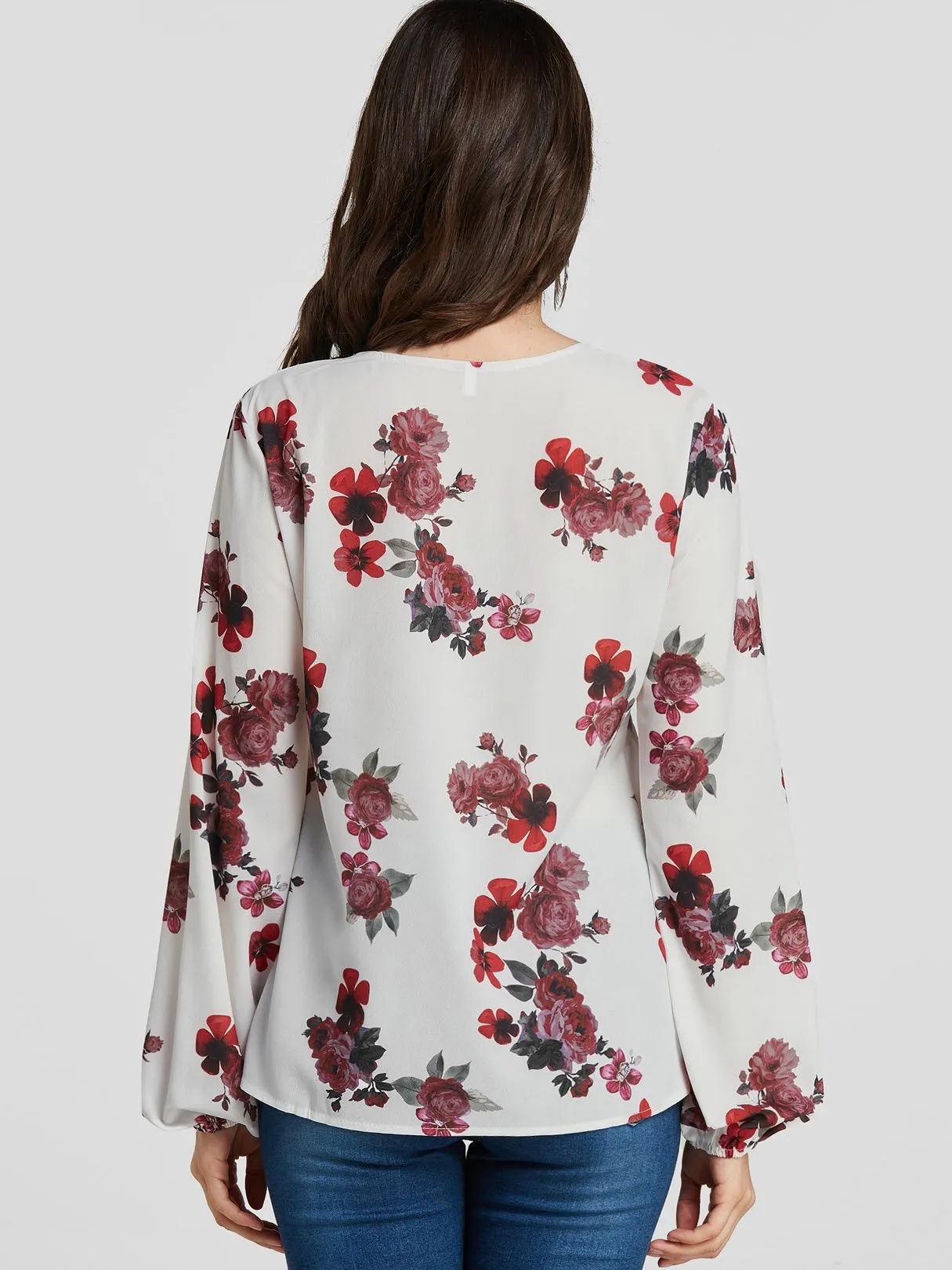 Custom Crossed Collar Floral Print Self-Tie Long Sleeve White Blouses