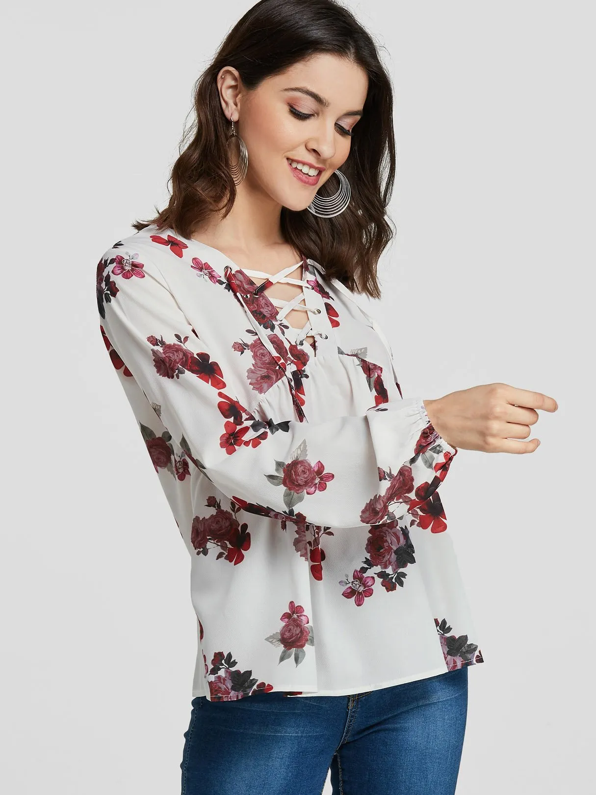 Custom Crossed Collar Floral Print Self-Tie Long Sleeve White Blouses