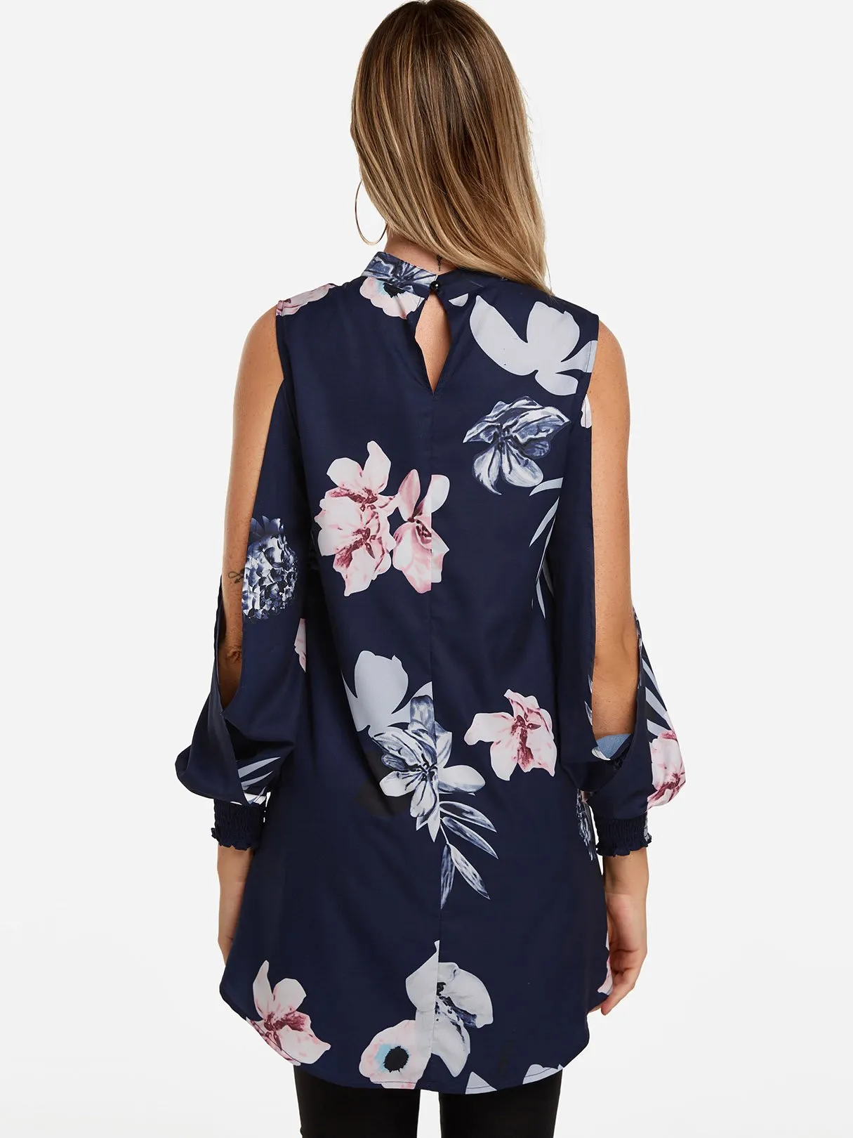 Custom Floral Print Cut Out Long Sleeve Irregular Hem Navy Blouses