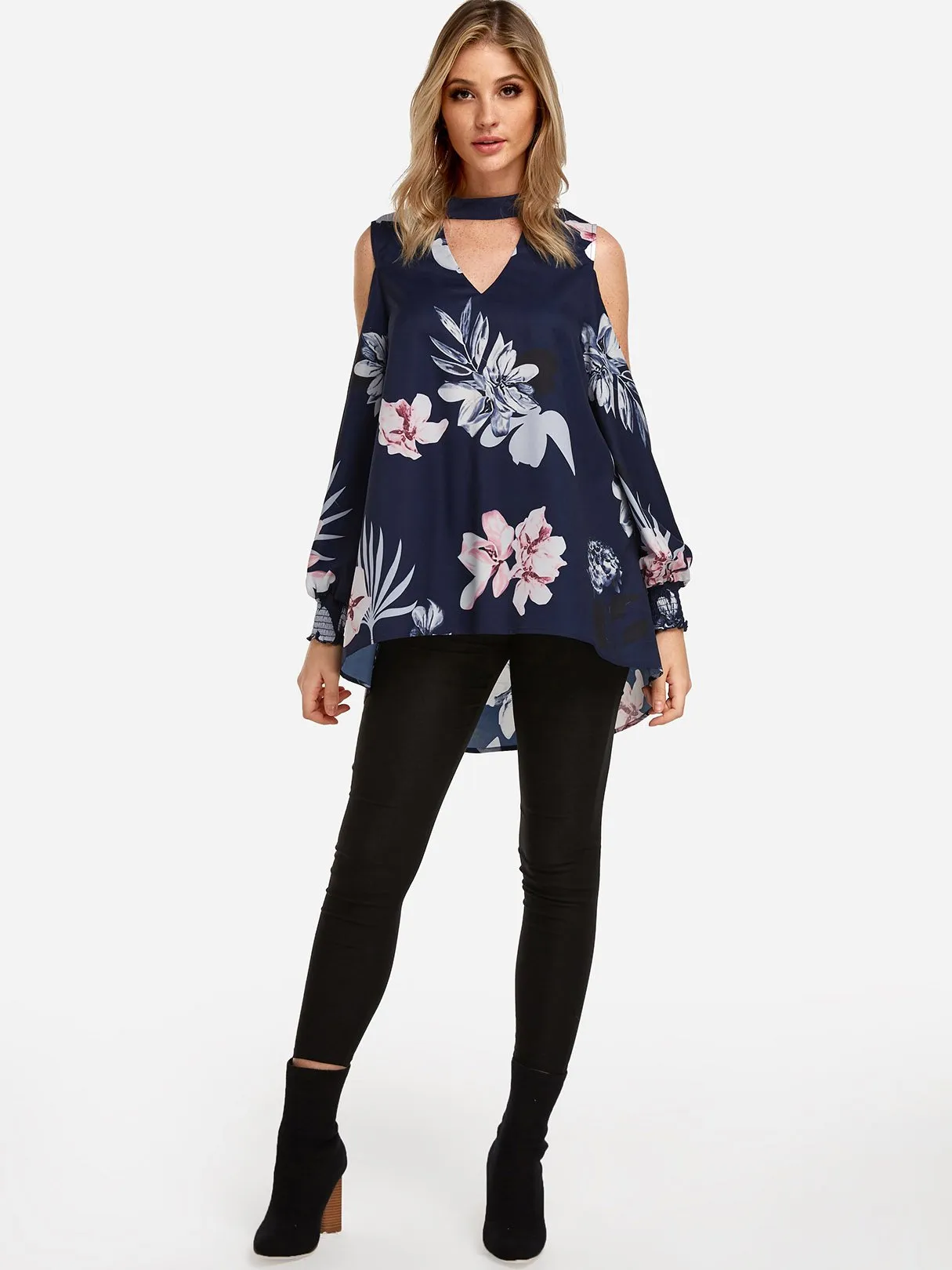 Custom Floral Print Cut Out Long Sleeve Irregular Hem Navy Blouses